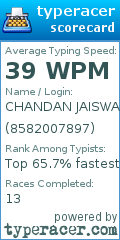 Scorecard for user 8582007897