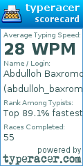 Scorecard for user abdulloh_baxromov