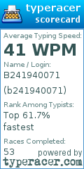 Scorecard for user b241940071