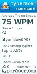Scorecard for user itypeslow999