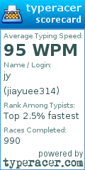 Scorecard for user jiayuee314