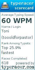 Scorecard for user toooldforpastor