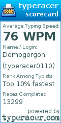 Scorecard for user typeracer0110